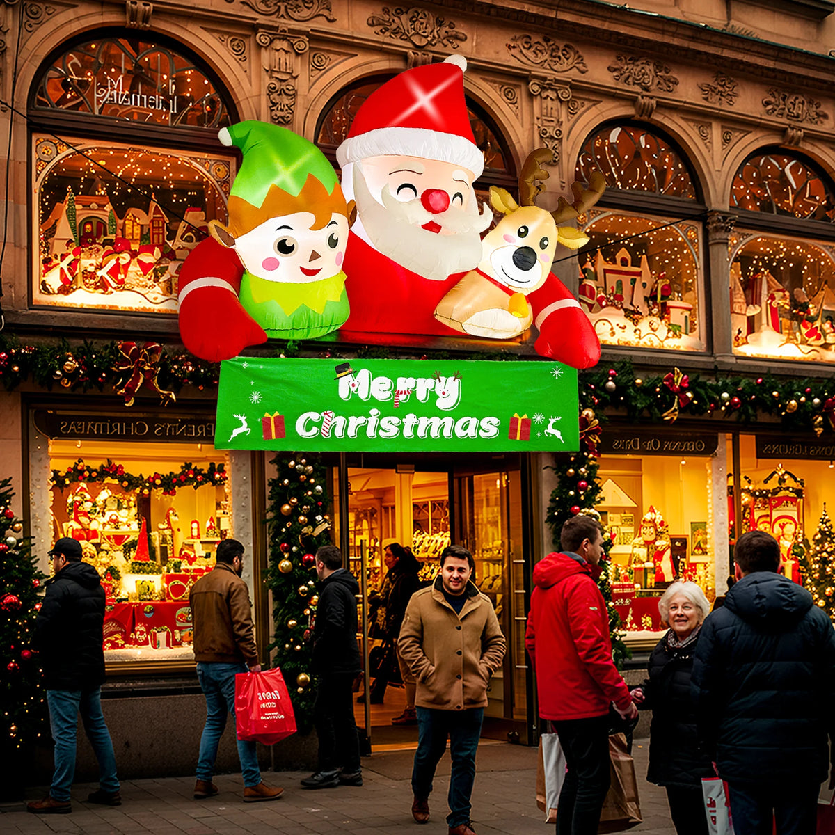 OurWarm 7.2FT Christmas Inflatable Outdoor Decoration,Detachable Banner Inflatable Santa Claus Outdoor with Elf & Reindeer Decor