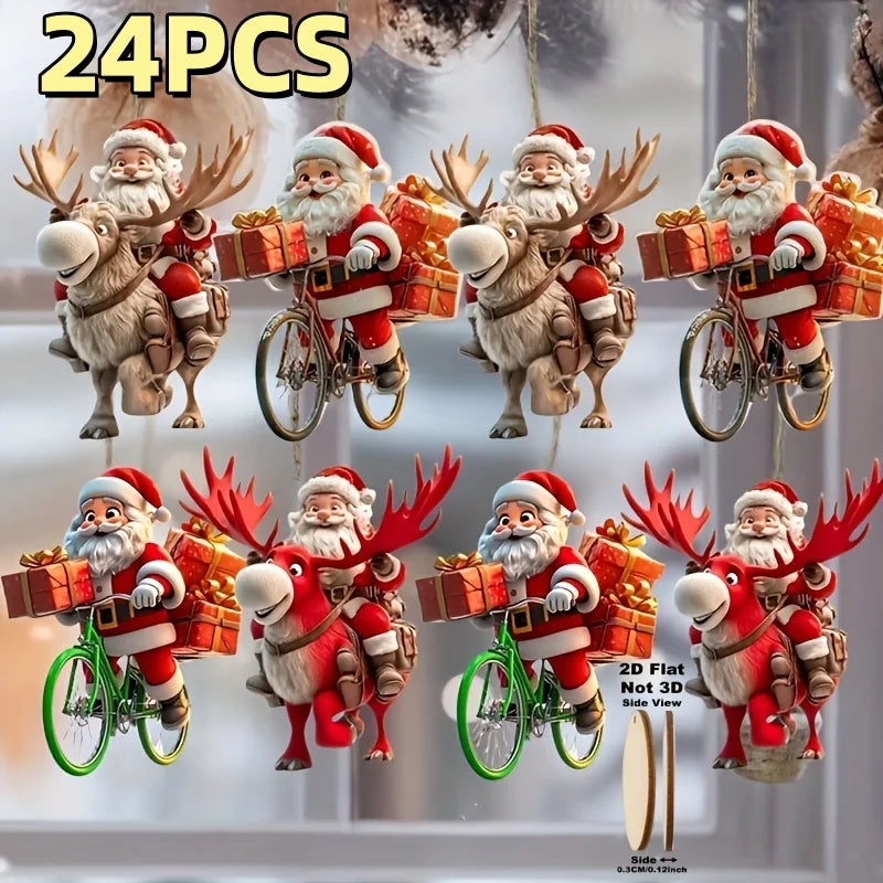 12-Piece Santa Claus Wooden Hanging Ornaments Set—Perfect for Christmas Trees and Holiday Home Decorations, 2D Flat Christmas-Themed Santa Claus Gift-Delivery Style