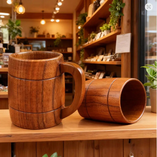 320ml Handcrafted Wooden Coffee Mug Natural Drinkware Cup Vintage Solid Wood Beer Mug with Handle Eco-Friendly Cup