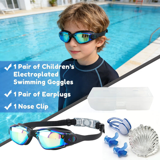 Kids Electroplated Swimming Goggles High-definition Waterproof Silicone Skirt Ear Plugs and Nose Clip Set Snorkelling Equipment