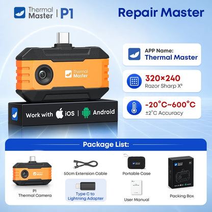 (for iPhone&Android) P1 Android Thermal Camera for iPhone 320*240 X³IR Resolution 600℃ 25Hz HVAC House Inspection Camera