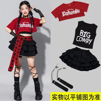 Girls K-pop Fashion Crop Top Bud Skirts Children Hip Hop Street Dance Costume Kids Streetwear Girl Group Jazz Summer Clothes Set
