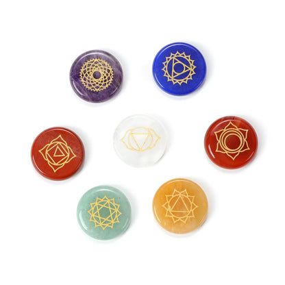 1box/set 7 Chakra Stones Natural Crystals Gemstones with Engraved Chakra Symbol Tumbled Polished Chakra Stone Meditation Crystal