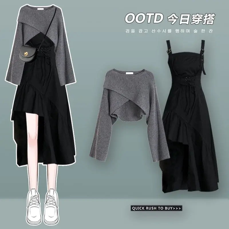 2026 Women's Spring Autumn New Dress Matching Set Female Elegant Short Knitted Sweater+Irregular Sexy Strap Skirt Two Piece Suit