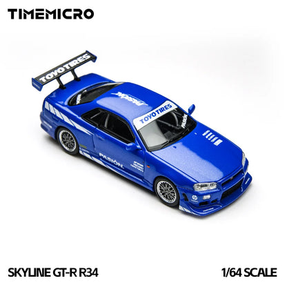TimeMicro1:64 Skyline GT-R R34 Simulation Alloy Vehicle Model Passion Blue Diecast Car For Collection Display Gift