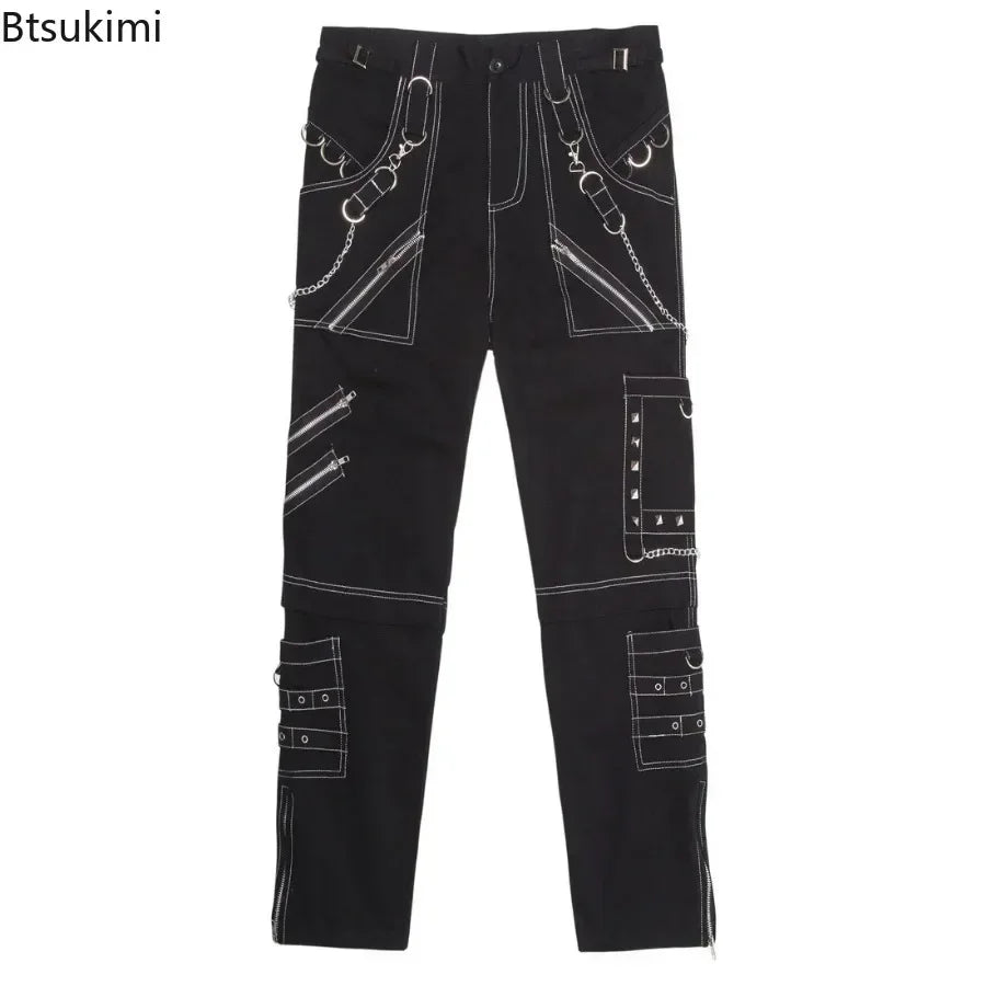 2026 Men's Hip Hop Rock Punk Gothic Pants Cotton Casual Pants Buckle Zip Chain Strap Trousers Men Streetwear Daily Cargo Pants