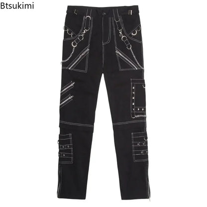 2026 Men's Hip Hop Rock Punk Gothic Pants Cotton Casual Pants Buckle Zip Chain Strap Trousers Men Streetwear Daily Cargo Pants
