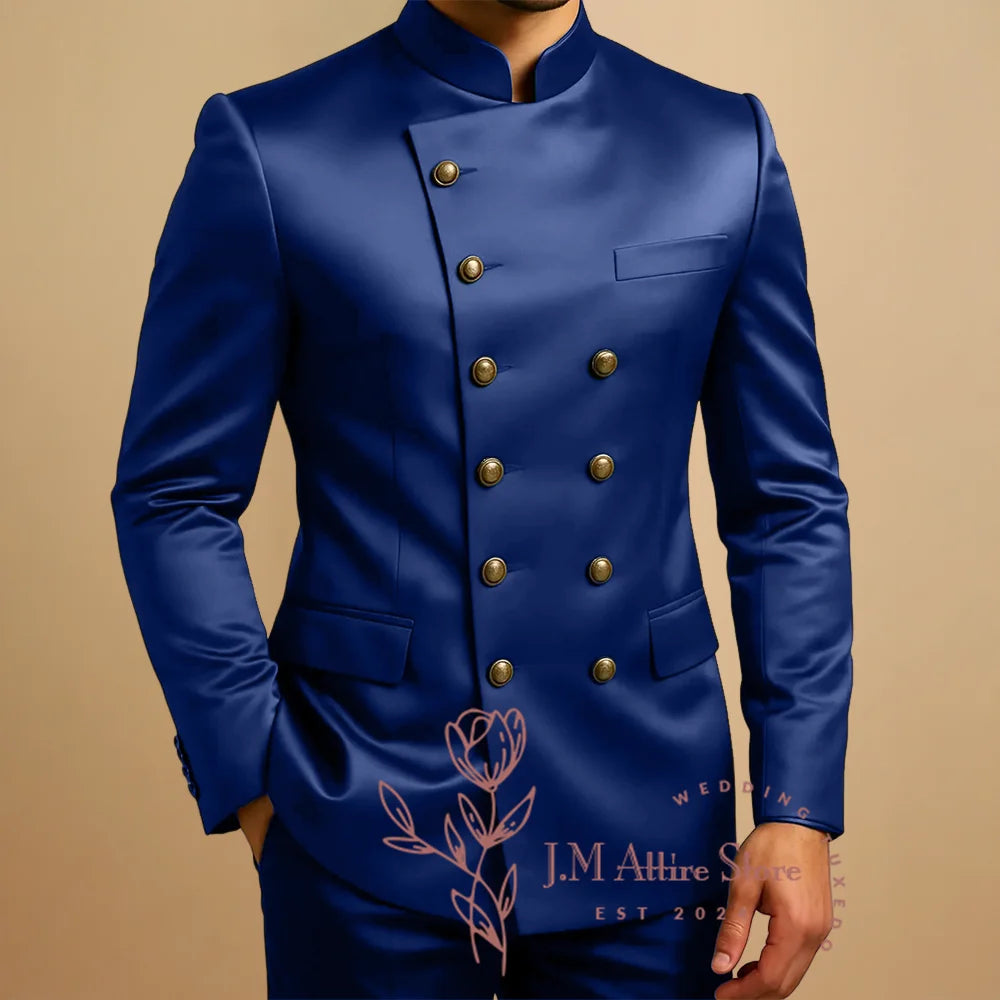 Green Suits for Men 2 Piece Satin Sets Double Breasted Blazer Pants Tailored Wedding Party Travel Africa Traditional Clothes