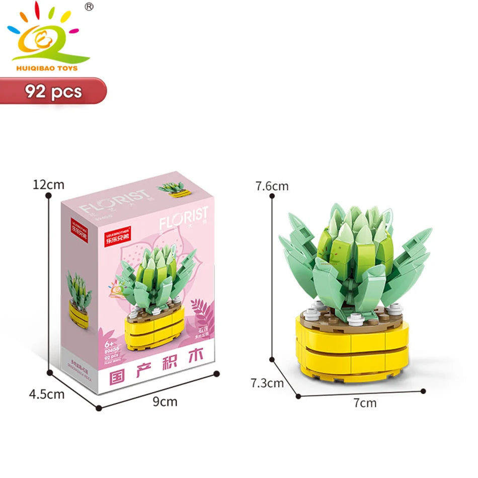 HUIQIBAO MOC Flower Succulent Potted Model Building Block DIY Eternal Bouquet Home Desk Plant Decor Brick Girl Gift Children Toy
