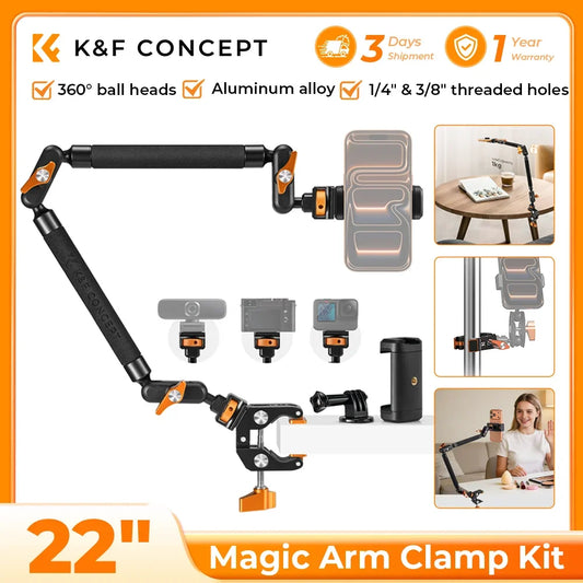 K&F CONCEPT Magic Arm Clamp Kit 22" Overhead Desk Camera Mount Long Articulating Friction Boom Arm for LED Light Action Camera