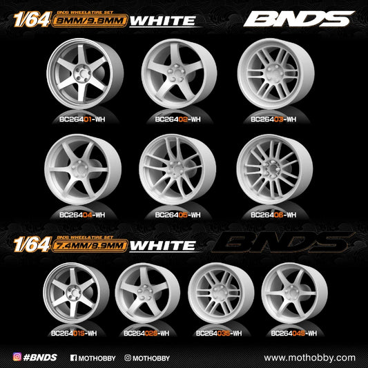 BNDS 1/64 White Split Rim Wheel Set JDM VIP Tuning ABS Hub with Rubber Tire for 1/64 Diecast Car Model DIY Upgrade