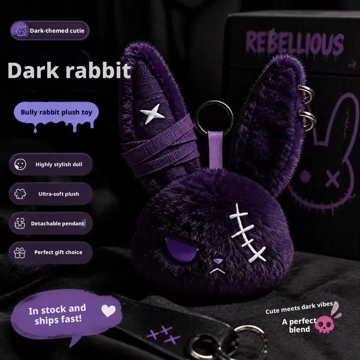 HOT Gothic Bunny Plush Keychain RabbitBag Charm with Bandage Desian Kawaii Key Ring Pendant Car Bag Ornament Halloween gifts