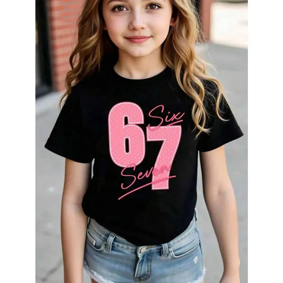 Children's 67 Christmas Elf Print Girls Short Sleeve Round Neck Tee Parties Casual Wear Comfort Children Clothes Girl Clothing