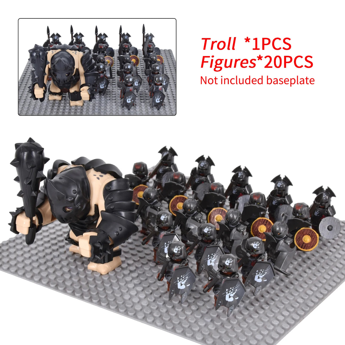 Orc Warrior Block Figures Set, Giant Troll Monster + 20Pcs Armored Soldier Models, Fantasy Army Building Bricks, Detailed Armor