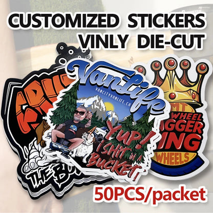 50pcs Custom Stickers PVC Waterproof Die Cut Vinyl Logo Design Brand Laptop Cute Personalized Sticker Glossy Film for Business