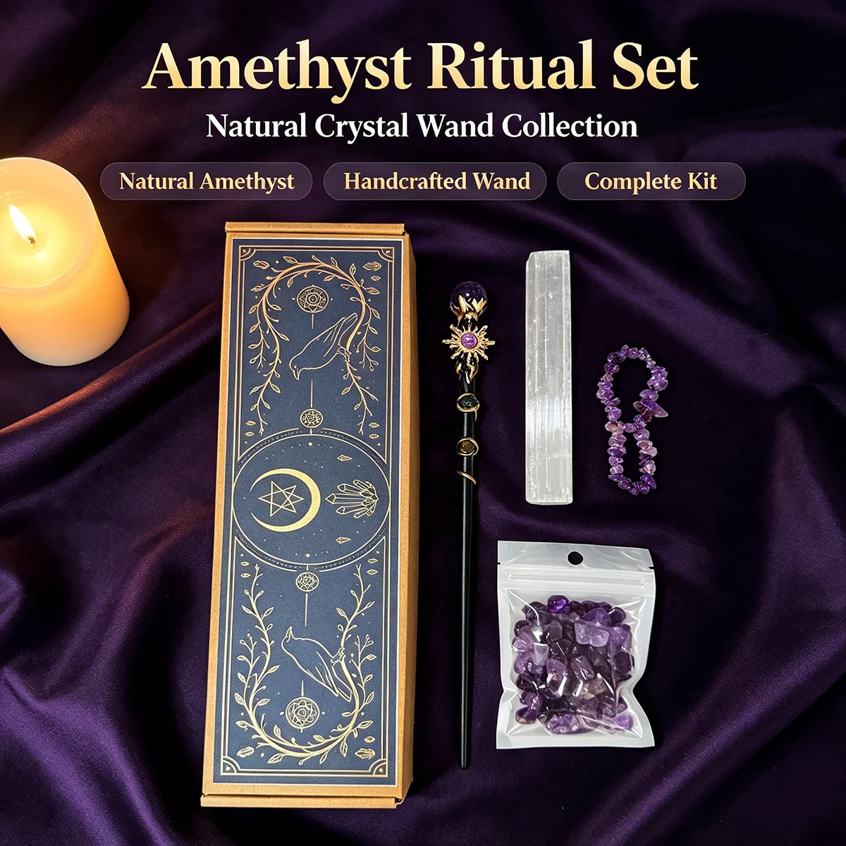 1box Amethyst Witch Crystal Wand Altar Kit, Natural Crystal Stones Selenite Wand Bracelet Wicca Ritual‑Supplies, Spiritual Decor