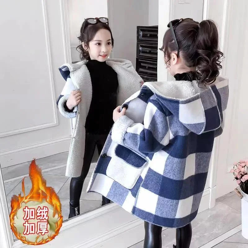 Winter Girls Lamb Fleece Coat Warm Hooded Outerwear Fashion Woolen Long Coat Children Clothing Teeange Girls Jackets 4-12Y