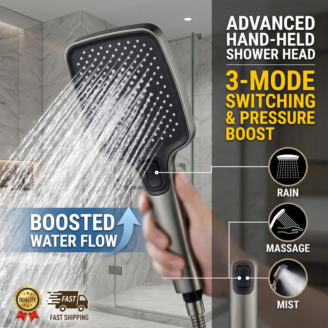 High Pressure Handheld Shower Head with 3 Spray Modes, Super Boost, Large Rainfall, Strong & Gentle Flow
