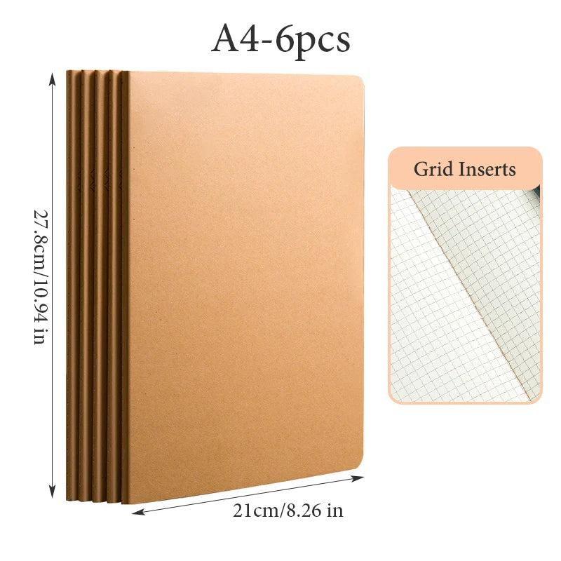 6 pcs A4 Kraft Paper Notebook,36 Sheets 72 Pages/Book Horizontal Line Blank Grid Inner Page Student Learning Testbook QP-66
