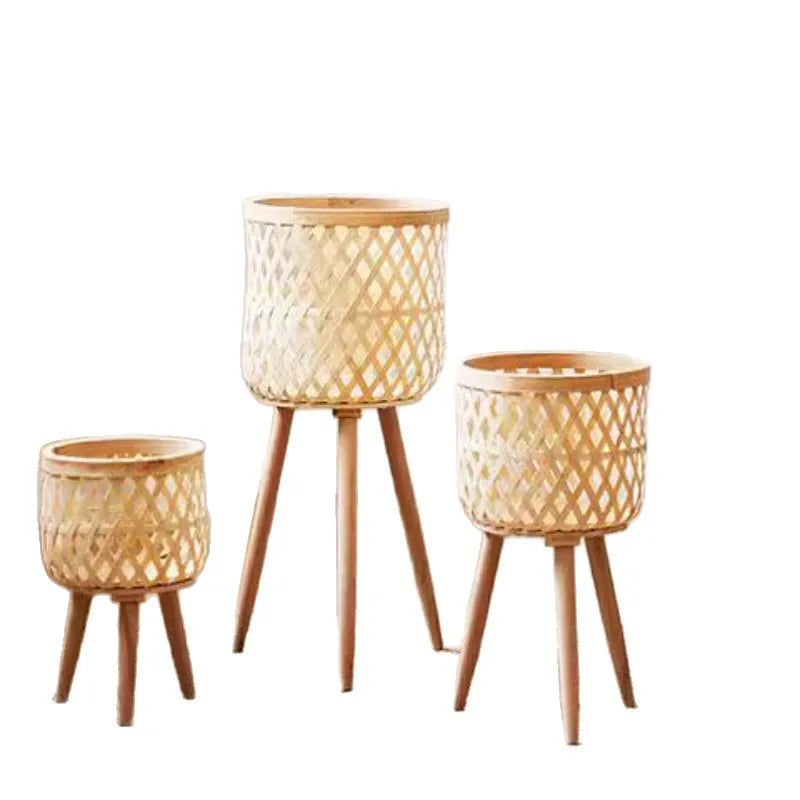 Flower Stand Nordic Solid Wood Rattan Living Room Sofa Side Table Floor-standing Bamboo Shelf Corner Balcony Flower Pot Shelf
