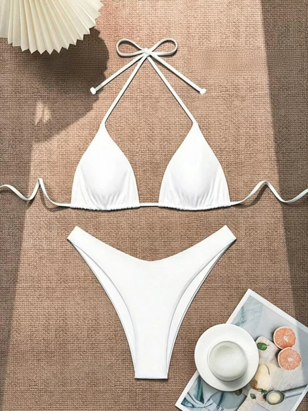 Sexy Solid Halter Lace Up Low Waist Bikini Set Women's 2 Pieces Swimsuit Triangle Thong Swimwear Bathing Suit Brazilian Biquini