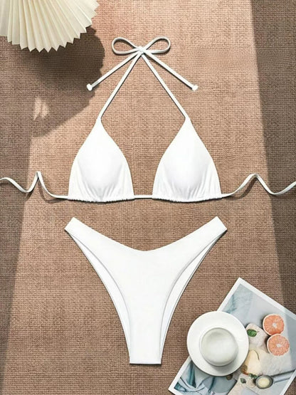Sexy Solid Halter Lace Up Low Waist Bikini Set Women's 2 Pieces Swimsuit Triangle Thong Swimwear Bathing Suit Brazilian Biquini
