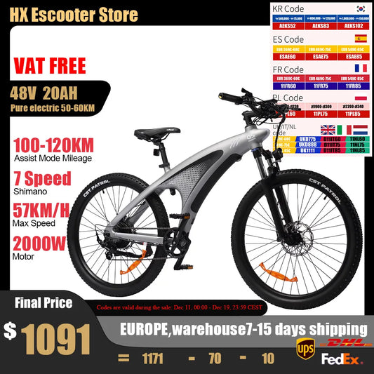 HX Q5 Ebike 2000W Torque Sensor Adults Electric Bike 85Nm 57KM/H Electric Bicycle 27.5“ Removable Battery Electric Mountain Bike