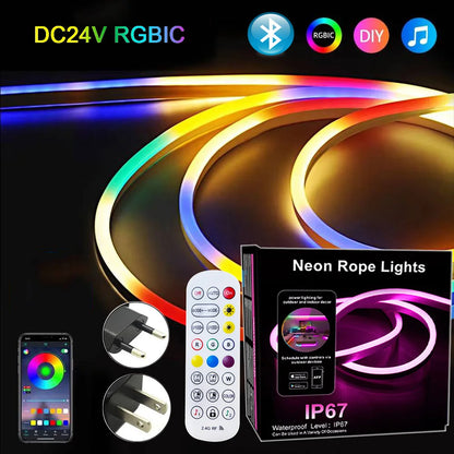 24V Rgbic Neon Led Strip 5M 10M 15M 20M Rgbic Neon Lamp Tape With Bluetooth App And Remote For Neon Ribbon Deocoration Lighting