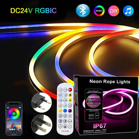 24V Rgbic Neon Led Strip 5M 10M 15M 20M Rgbic Neon Lamp Tape With Bluetooth App And Remote For Neon Ribbon Deocoration Lighting