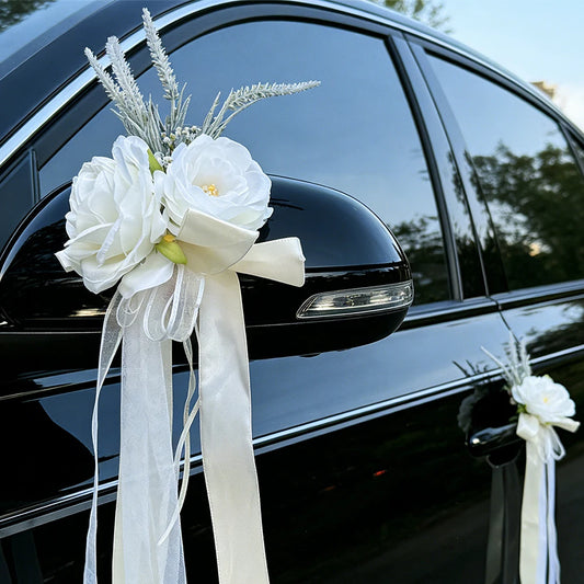 Wedding Car Mirror Flower, White Artificial Rose Car Decoration with Ribbon, Bridal Car Bouquet for Wedding Party