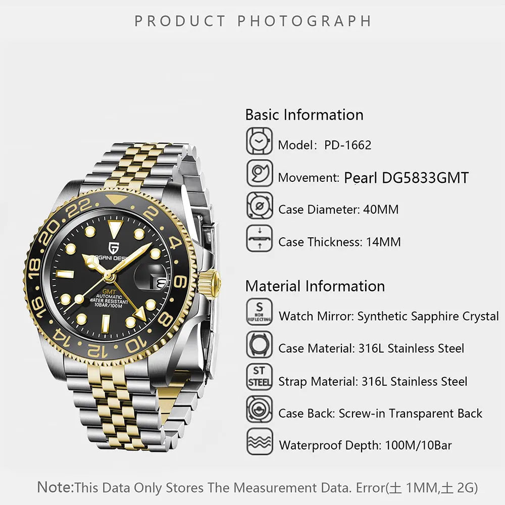 New PAGANI DESIGN Top Brand GMT Mens Wristwatch Sapphire Glass Automatic Men's Watch 100M Waterproof 40mm Men Mechanical Watches
