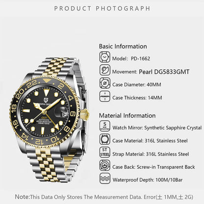New PAGANI DESIGN Top Brand GMT Mens Wristwatch Sapphire Glass Automatic Men's Watch 100M Waterproof 40mm Men Mechanical Watches