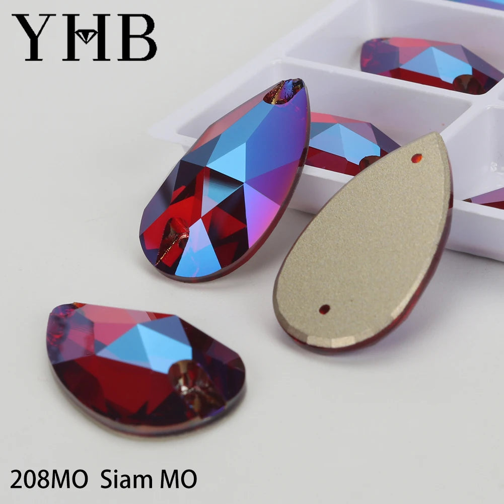 YHB Drop Moonlight Glass Lt Siam Crystal AB Sewing Stones Flatback Sew on Rhinestones For Garment Clothes Bags