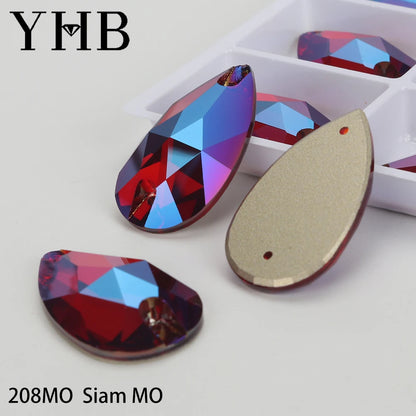 YHB Drop Moonlight Glass Lt Siam Crystal AB Sewing Stones Flatback Sew on Rhinestones For Garment Clothes Bags