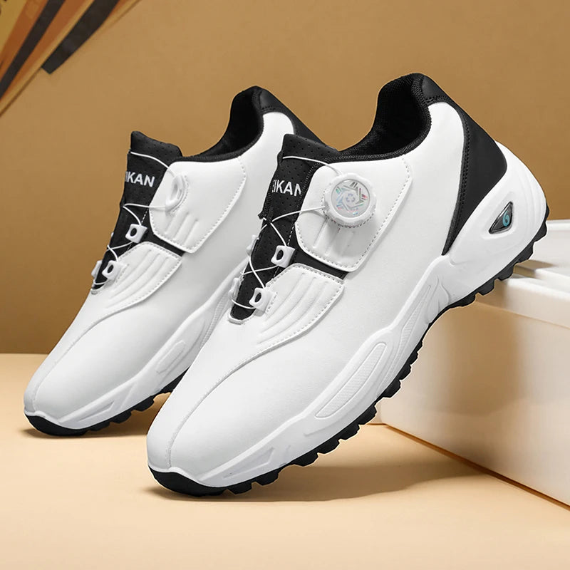Men Rotary Buckle Golf Shoes Waterproof Leather Air Cushion Non Slip Breathable Training Sneakers 2 Colors