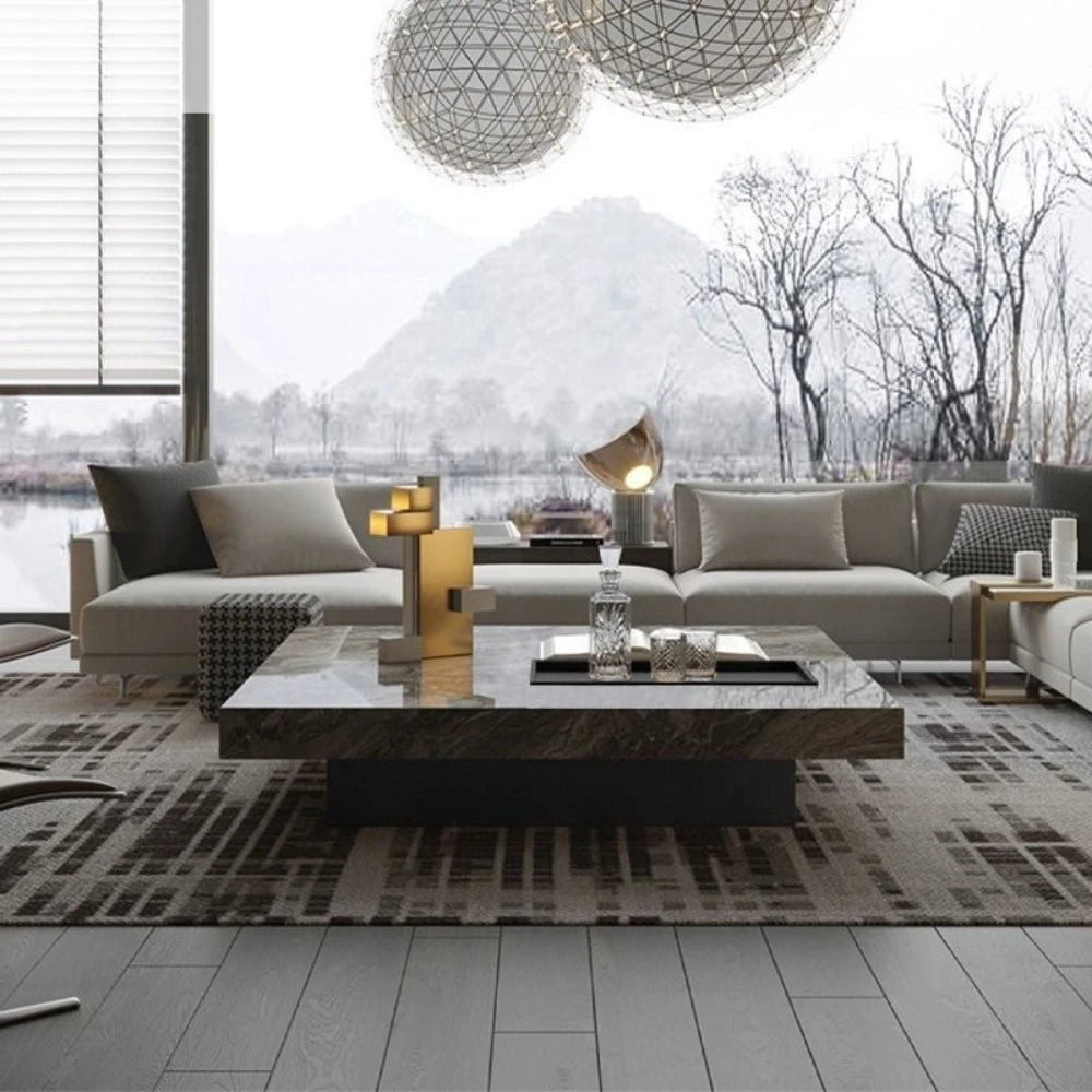 Modern Luxury Coffee Table Sintered Stone Square Tea Table Stainless Steel Marble Look Center Table Living Room