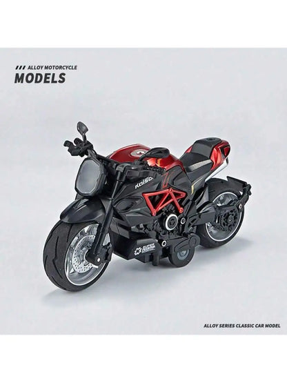 1:12 Scale Die-Cast Alloy Motorcycle Toy with Real Engine Sound & LED Light Effects - Friction-Powered Crash-Resistant Ride-On T