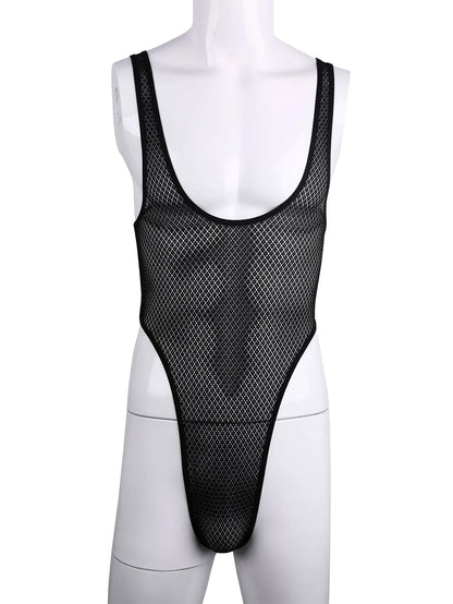 Men's One-piece High Cut G String Underwear Wrestling Singlet Leotard Sheer Bodysuit Thongs Sissy Lingerie See Through Nightwear