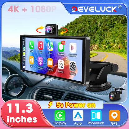 11.3 inch 4K Car DVR Carplay Android Auto Rotatable Lens Dashcam GPS Navigation Dashboard FM AUX Rear Camera Video Recording