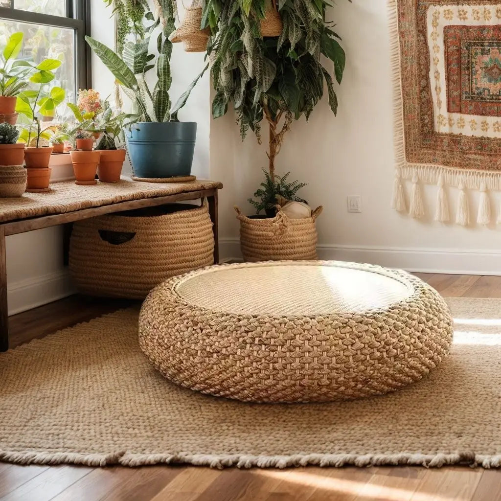 Rattan Low Stool Living Room Household Round Stool Aquatic Grass Rattan Creative Sofa Leisure Balcony Bay Window Seat Pier