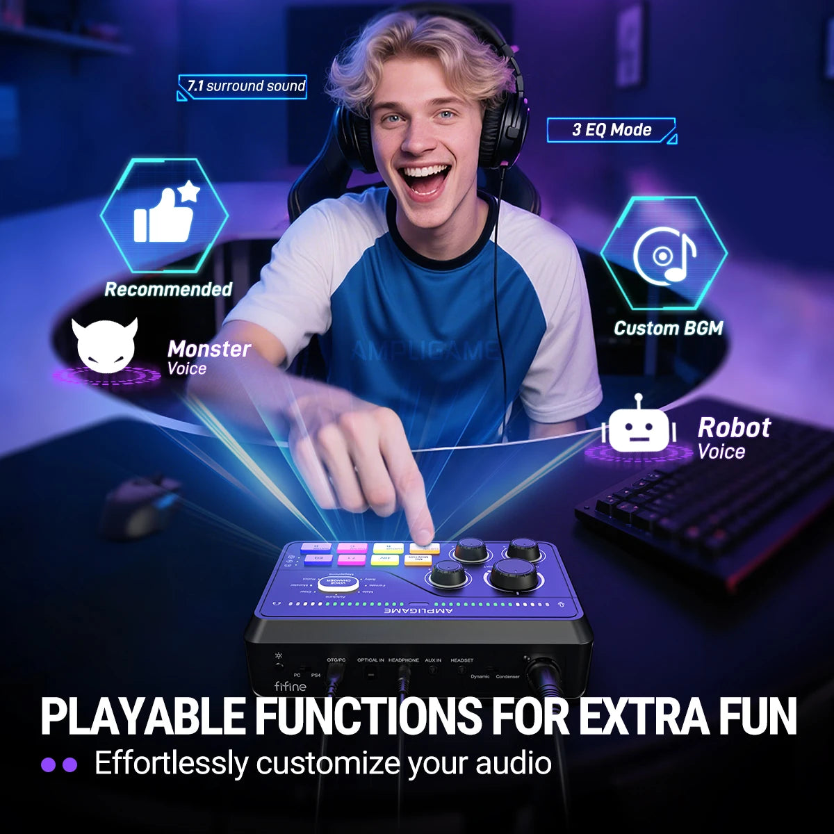 FIFINE SC8 Audio Mixer with RGB Lighting & Voice Changer, XLR Mic Preamp, 3 EQ Modes, Plug & Play for Gaming/Streaming/Podcast