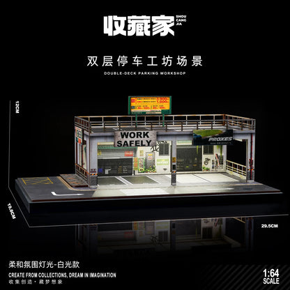 1:64 Scale Car Garage Diorama Model Assemble LED Lighting Car Parking Lot Backdrop Display Scene Model Toy Collection Gift