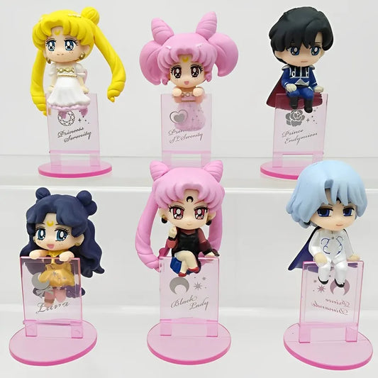 Ochatomo Series Sailor Moon R Night & Day Pvc Figures Toys 6pcs/set Serenity Black Lady Small Lady Chiba Mamoru Diamond Toy Gift