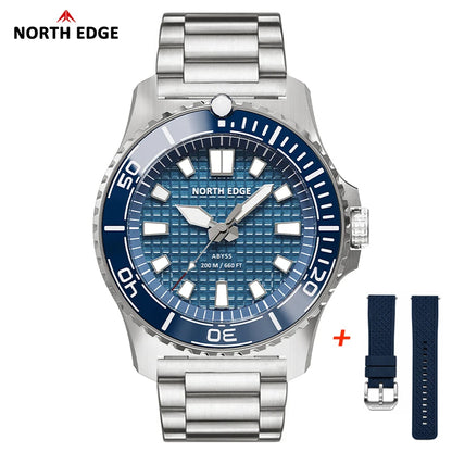 NORTH EDGE ABYSS Men Solar Powered Diving Quartz Luxury Watch 200M Waterproof Dive Sports Watches 316L Steel Case 180+ Day Power