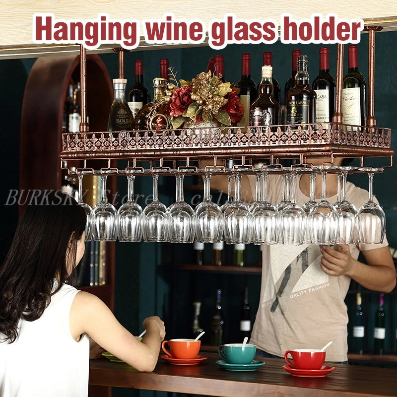 Metal Stemware Wine Glass Rack Hanging Ceiling Cup Holder Organizer Storage Rack For Home Bar Restaurant Wine Display Stand