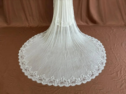 Luxury White Sheer Cathedral Veil with Tiered Lace Trim and Pleated Tulle Long Bridal Headpiece Customized V265190