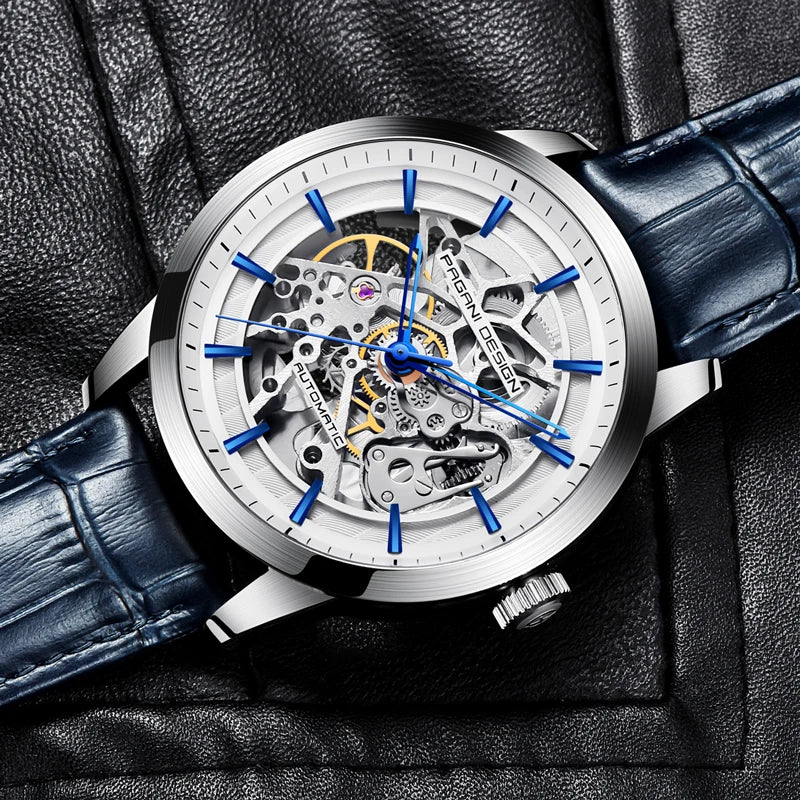 PAGANI DESIGN 2026 New Skeleton Men's Mechanical Watches Top Luxury Automatic Watch Men Blue Leather Waterproof Wrist Watch Men