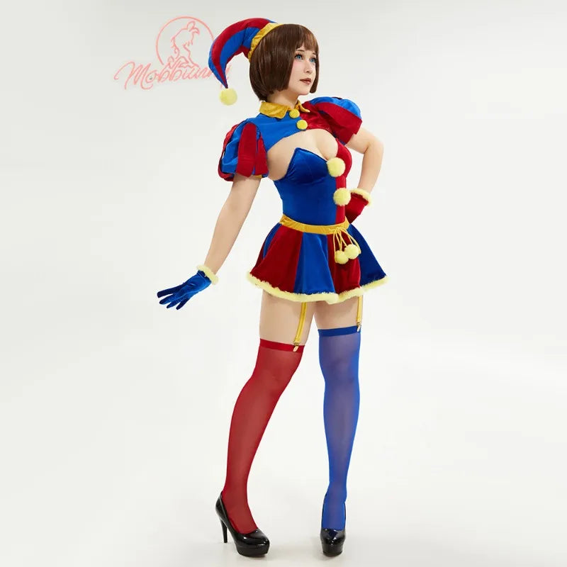 MOBBUNNY Halloween Clown Cosplay Costume Women's Lingerie Set Blue Red Bodysuit and Mini Skirt with Gloves and Hat