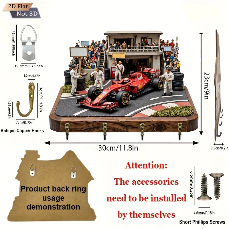 2D Flat. 1pc. Racing-Themed Key Hook - Multifunctional Decorative Key Rack, Equipped with Four Metal Hooks, Wall Decoration