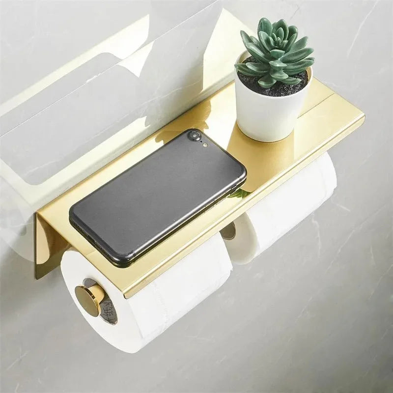 Multifunctional Toilet Paper Holder with Shelf Wall Mounted Double Roll Towel Holder Bathroom Gold